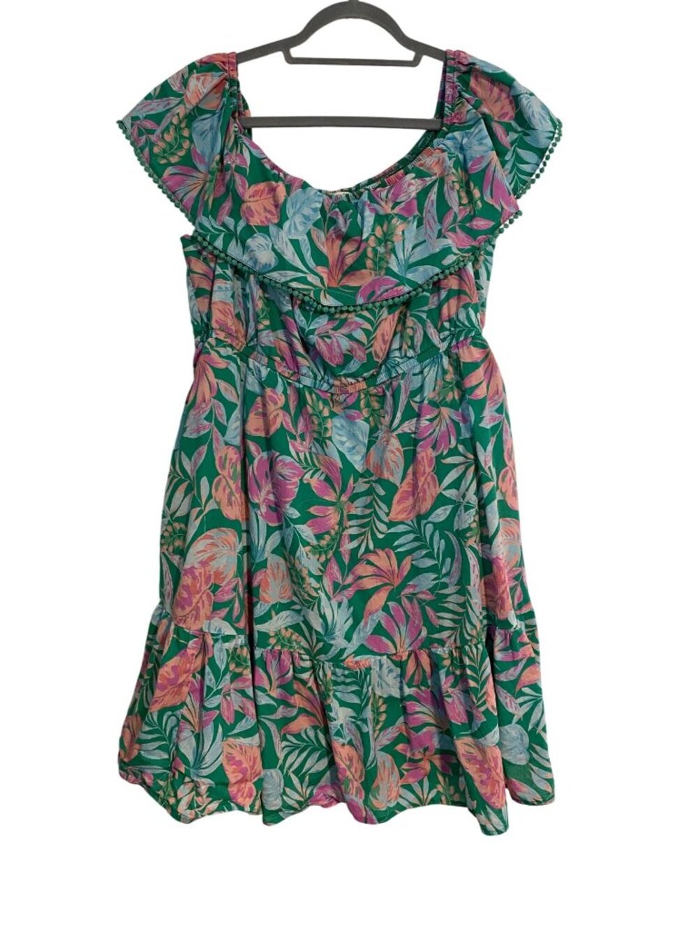 Terra & Sky Women 2X Green Pink Dress Floral Ruffled Tiered Lightweight Summer